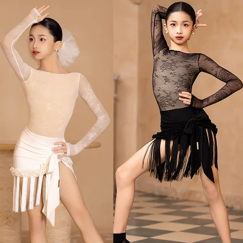 

Kids Samba Chacha Latin Dance Competition Suits Girls Latin Mesh Top Fringed Skirt Children'S Professional Costume