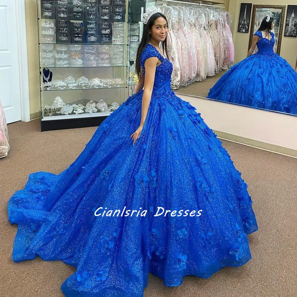 Royal Blue Sequined Beading Mexican Quinceanera Dress Ball Gown Off The Shoulder 3D Flowers Crystal Corset Vestidos De XV Anos