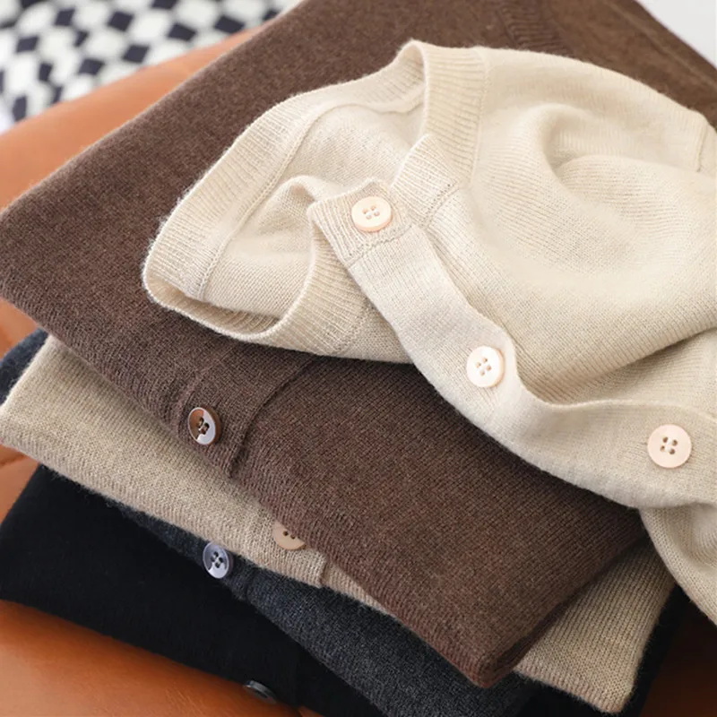 

Hot Sale 100% Merino Wool Sweater Cardigan Spring and Autumn New Women's O-neck Cardigan Slim Fashion Knitted Tops Solid Jacket