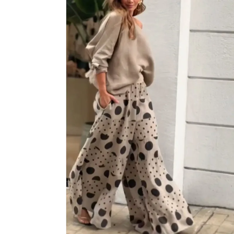 

Новый элегантный топ с открытыми плечами + брюки с принтом в горошек, женский весенне-осенний повседневный комплект из двух предметов с диагональным вырезом для отпуска