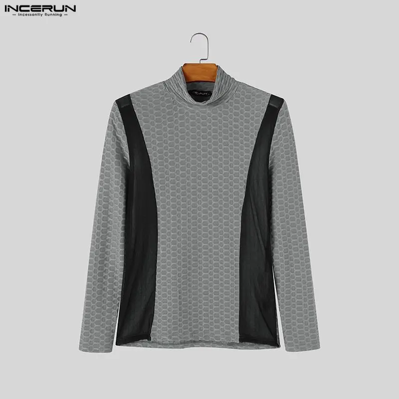 Fashion Men T Shirt Mesh Patchwork See Through Turtleneck Long Sleeve Streetwear Male Tee Tops Sexy Party Tops Camisetas INCERUN