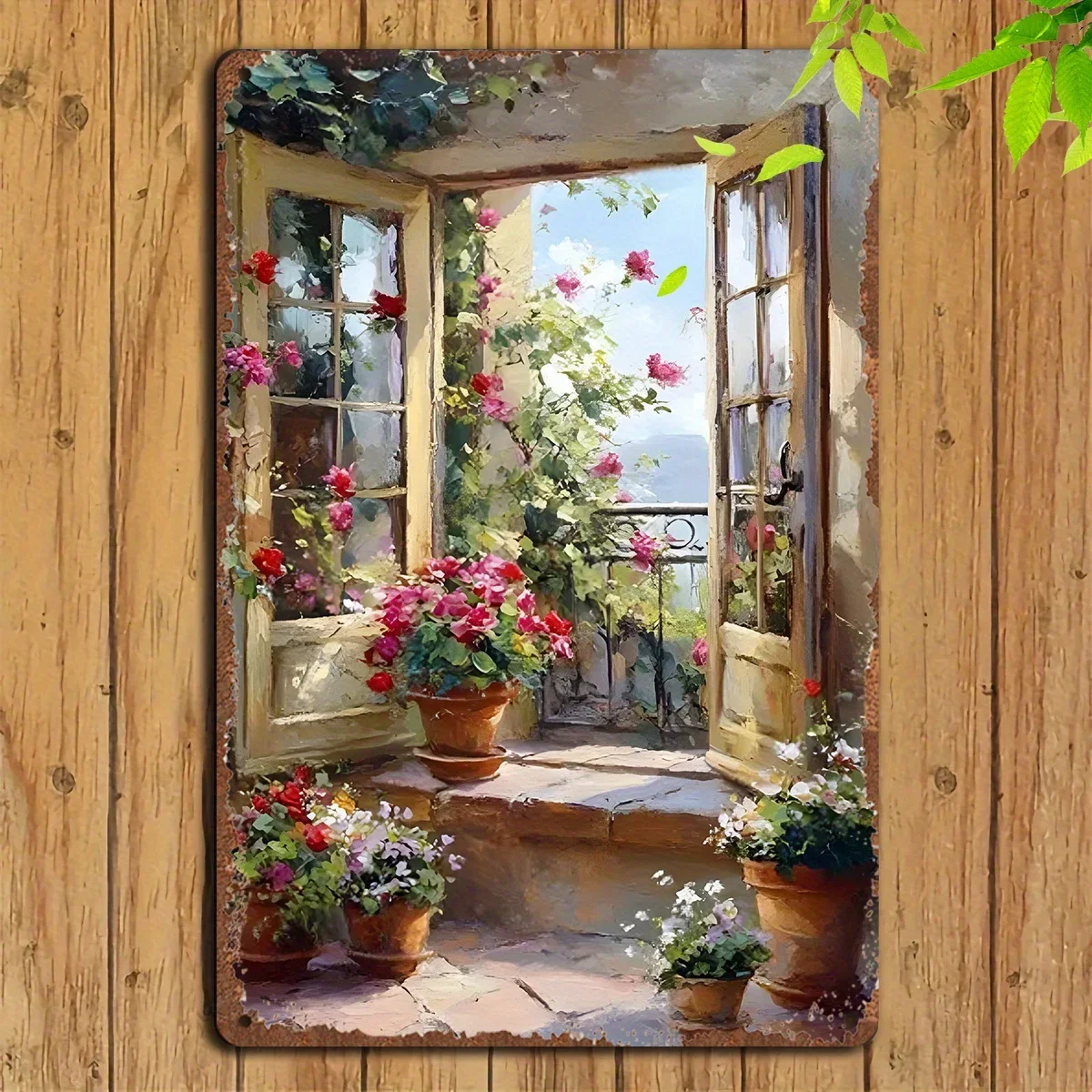 Vintage French-Style Balcony Garden Metal Wall Decor Sign – Rustic Floral Pattern Window Wall Decoration, Suitable for Living Room and Bedroom