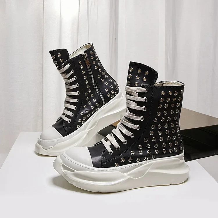 

Vintage Men Shoes High-TOP Platform Boots Heightening Real Leather Rivets Sneaker Luxury Trainers Casual Zip Black Shoes