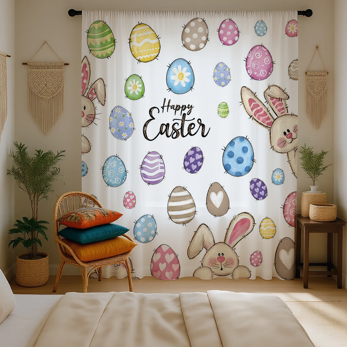 1 Piece Happy Easter Cute Rabbit & Egg Sheer Curtain - Light Reducing, Privacy, Rod Pocket, Translucent, for Living Room/Bedroom