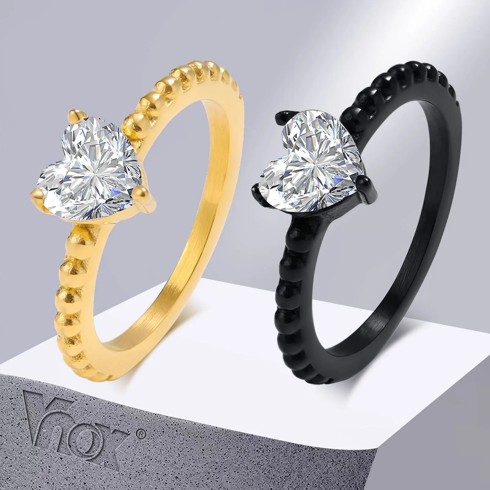 VNOX Romantic Heart Love CZ Stone Rings for Women,Stainless Steel Finger Ring, Love Promise Engagement Anniversary Gifts Jewelry