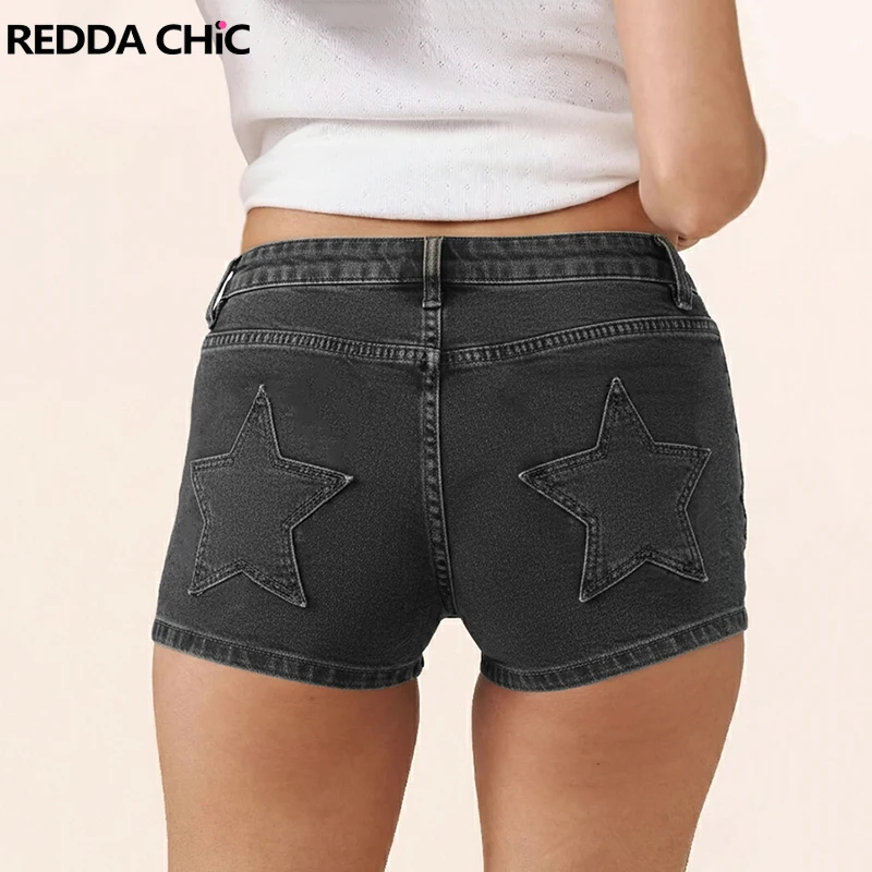 

ReddaChic Women's Low Rise Jean Shorts Star Patches Slim Gary Distressed Stretch Low Rise Bootypants Punk Retro Y2k Streetwear