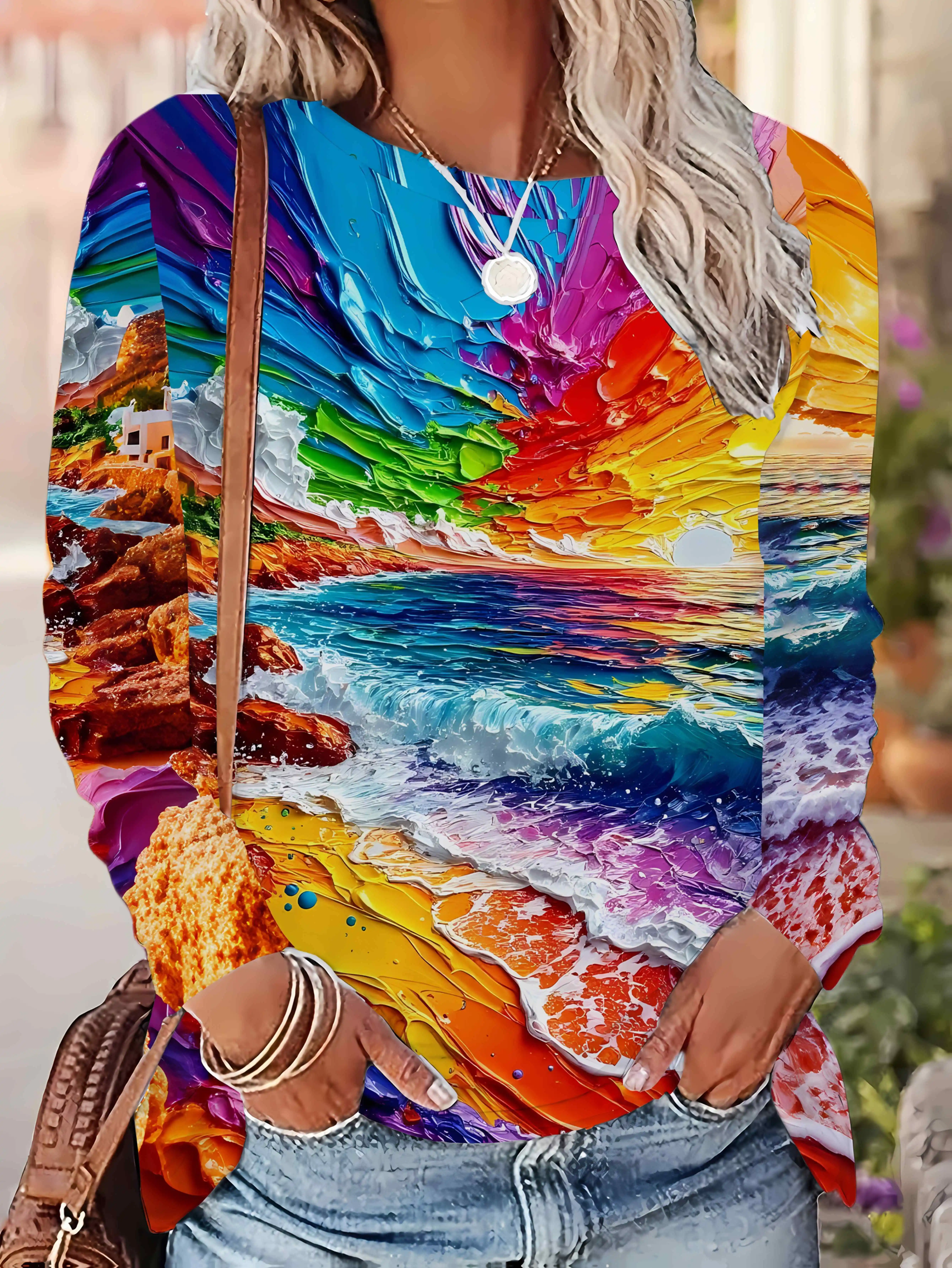 Women's Oil Painting Print Sweatshirt Colorful Seascape Sunset Ocean Wave Long Sleeve Crew Neck Casual Pullover Artistic Top - view 5