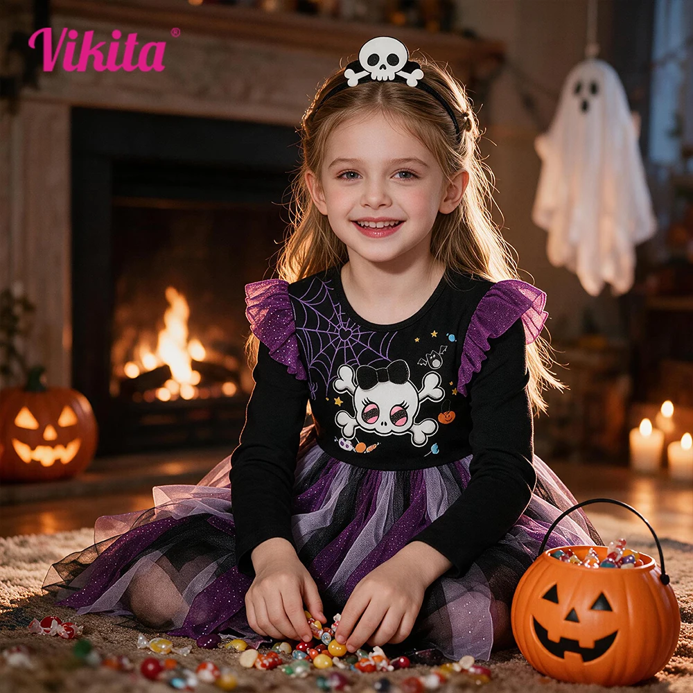 VIKITA Kids Halloween Holiday Cosplay Costumes Girls Spider Skull Print Flare Sleeve Autumn Winter Princess Mesh Tutu Dresses