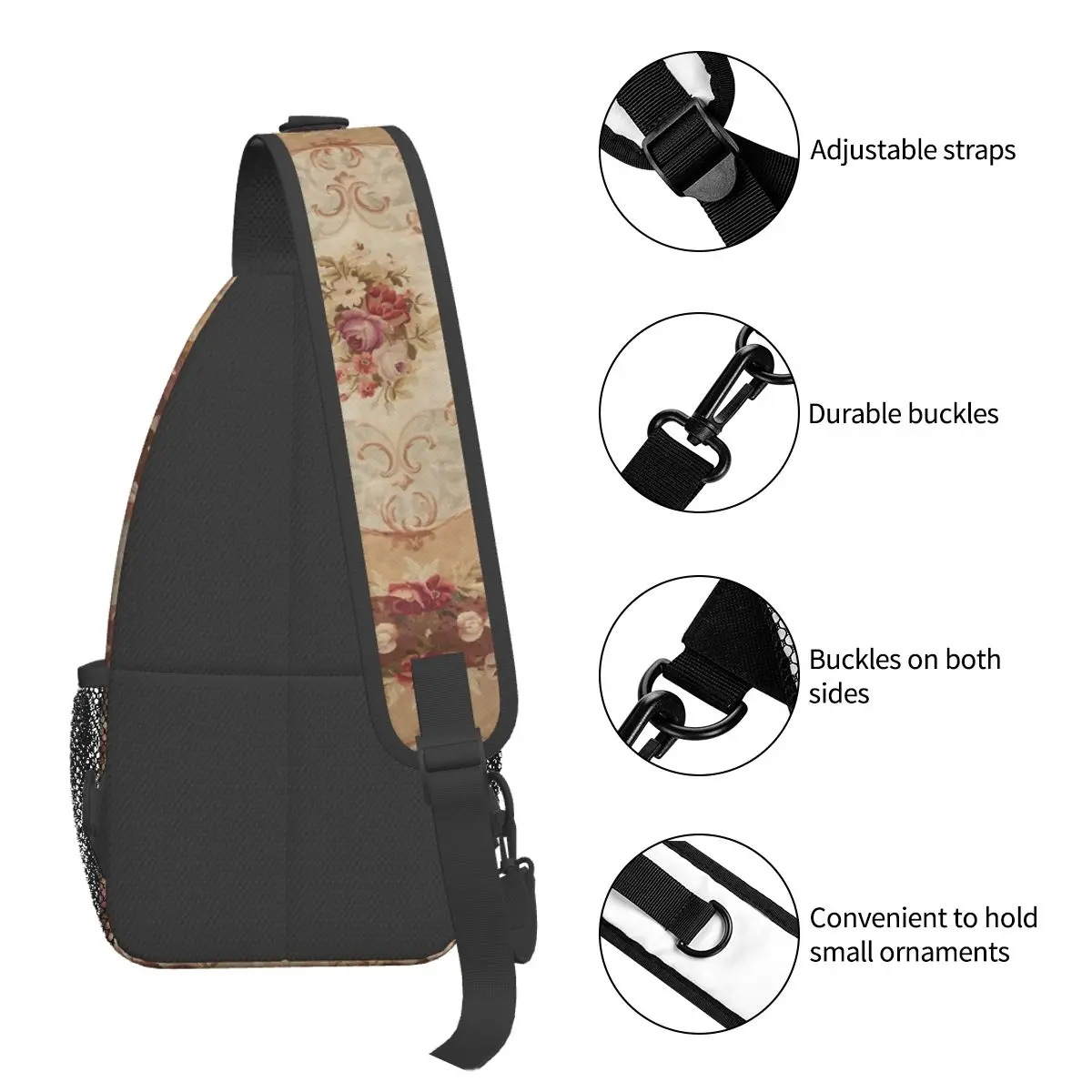 Antique Rose Floral Crossbody Sling Bags, Aubusson Mochila de Ombro, Saco Peito Pequeno, Mochila de Viagem, Caminhadas, Ciclismo, Bookbag