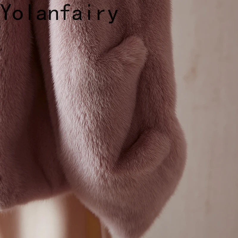 YOLANFAIRY معطف الفرو الحقيقي امرأة الطبيعية كاملة فرو المنك سترات للنساء الشتاء موضة س الرقبة معاطف الفرو الوردي Casaco Feminino