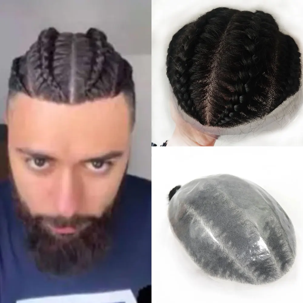 Men's Full PU Four Braids Toupee 100% Human Hair 8x10inch System Replacement Black 1B Color 0.06mm Thin Hairpiece