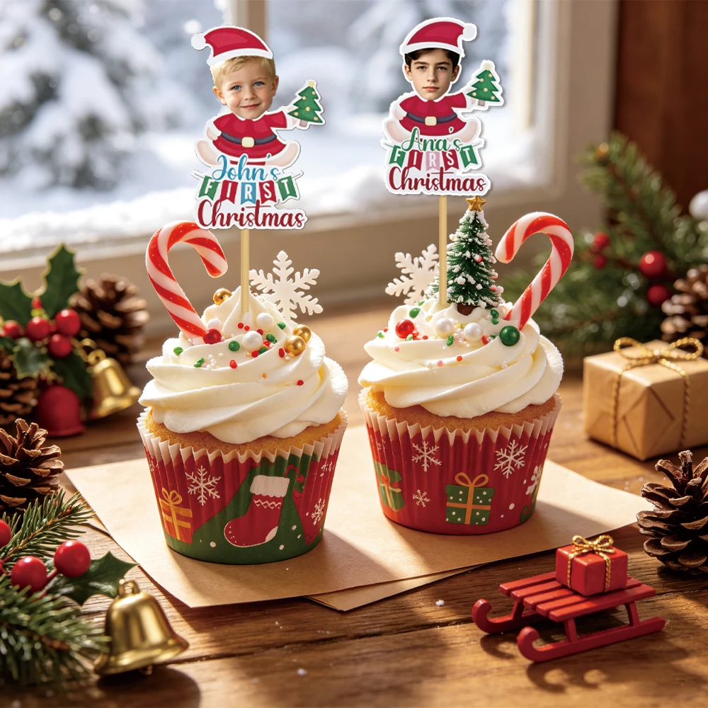 12pcs Custom Face Christmas Cupcake Toppers, Custom Photo Santa Kid Cake Picks, Custom Portrait Xmas Party Cupcake Decor
