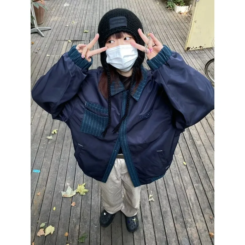 

Loose Men's Baseball Jaet Autumn Winter plus Size 250 Pou Japanese Sle Retro Patchwork Color Blo Workwear Coat