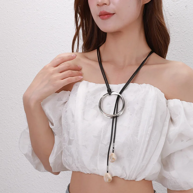 Sweater long chain popular women Europe and the United States retro foreign trade leather rope metal exagger