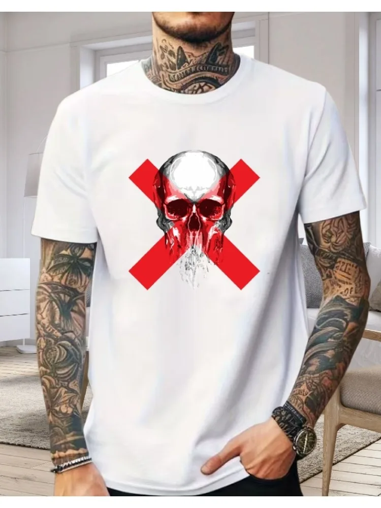 Mens White Oversized Cotton Tee Red Cross Splash Skull Punk Graphic Crew Neck Short Sleeve Edgy Streetwear Male Casual Top
