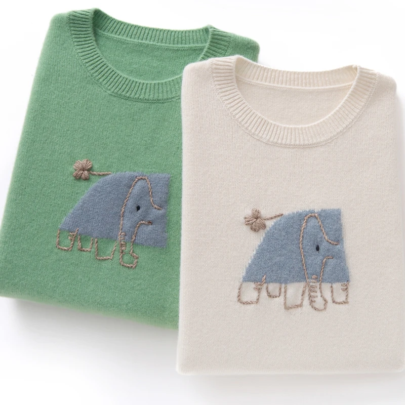 Pure Cashmere Knitted Base Shirt Women's round Neck Elephant Pattern Sweater Warm Commute Style Long Sleeve Regular Fit Woole...