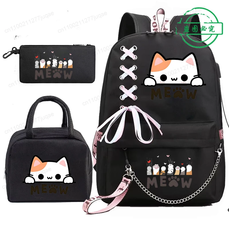 Mochila School Backpack Student Teenager Schoolbag Bag Kawaii Cute Cat Anime Bookbag with Portable Lunch Bags 3pcs
