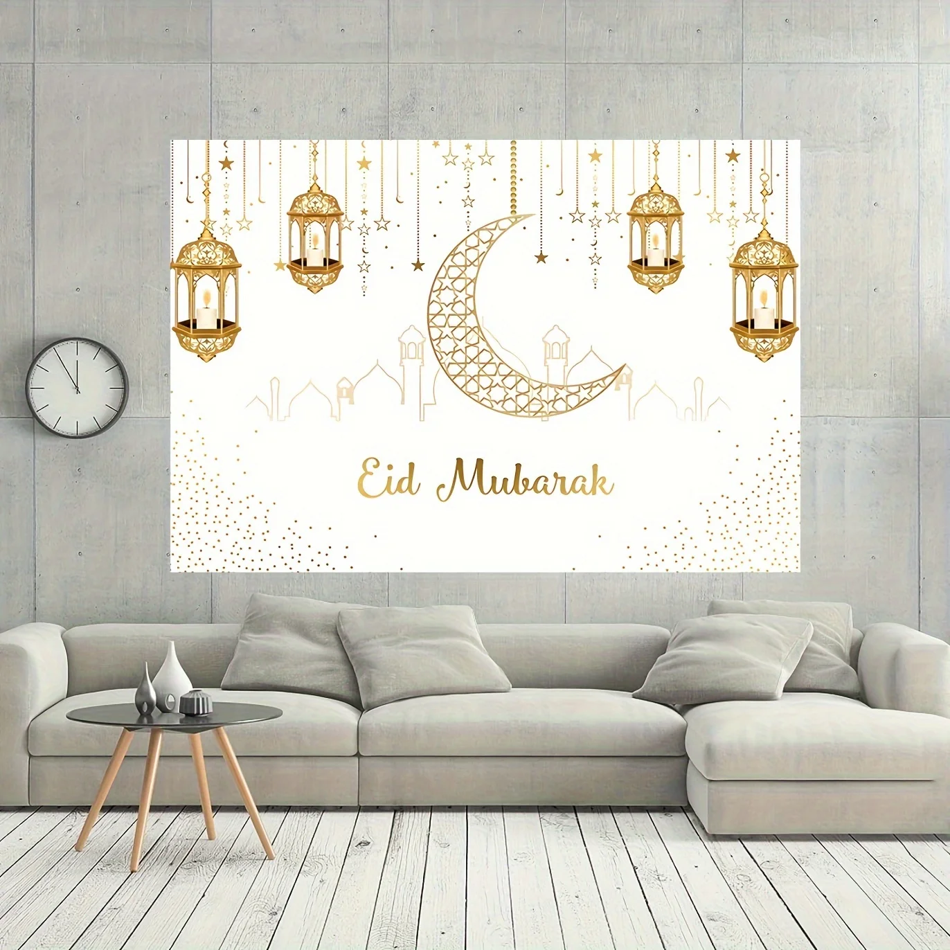 VIKAMA Eid al Fitr Celebration Background Banner Luxury Platinum Moon and Ramadan Party Banner Home Decoration