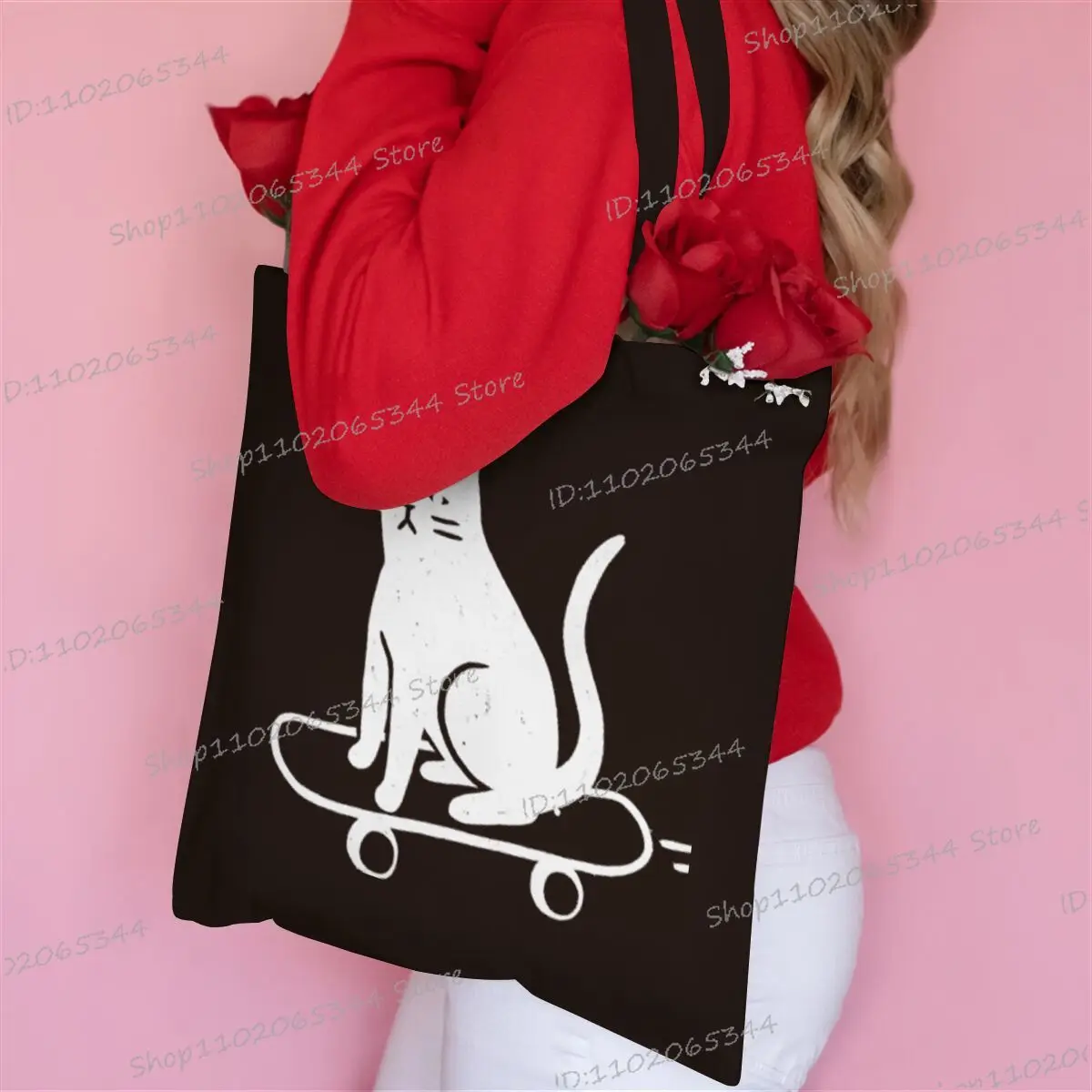 حقائب كتف نسائية خفيفة الوزن مضيئة موضة لوح التزلج القط قماش حمل حقيبة التسوق للمتسوقين حقيبة يد لا سستة فتاة حقائب اليد