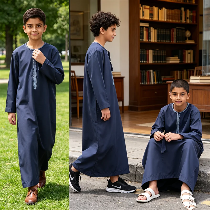 

Boys Kaftan Robe Embroidery Tassel Pocket Arabic Jubba Thobe Islam Children Prayer Clothing Dishdasha Turkey Abaya Muslim Dress