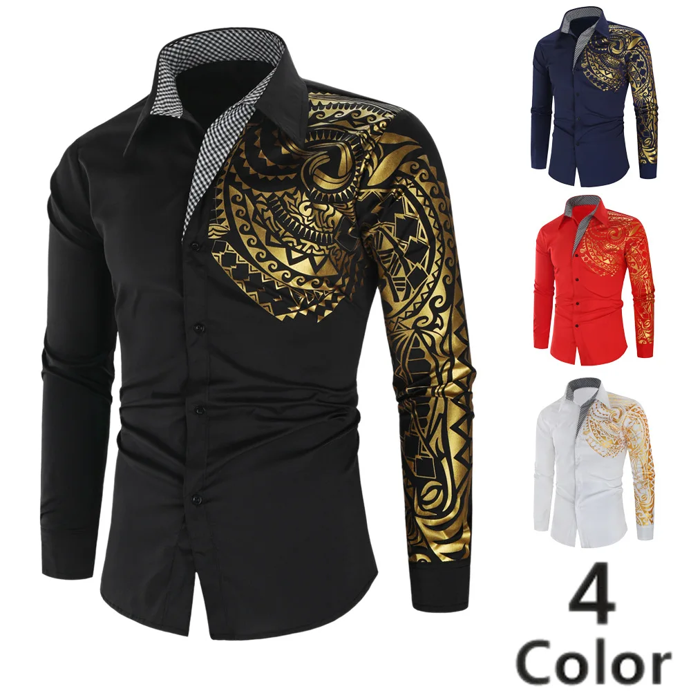 New Fashion Men's Shirt Gold Stamping Printing Long Sleeve Shirt Slim Fit Causal Turn Down Collar Hot Sale