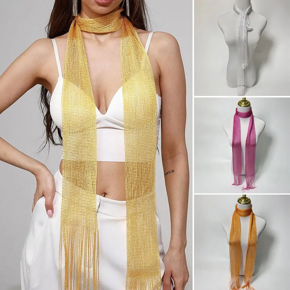 Fashion Sunscreen Shawl Gold Silver Bright Silk Sunscreen Shawl Shiny Necklace For Women Lace Tassel Party Evening Dress Scarf