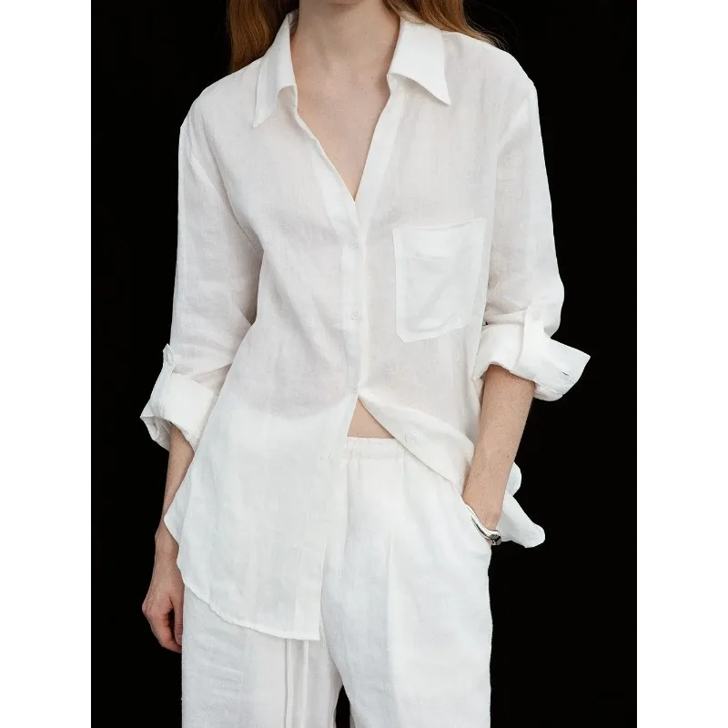 

Women's White Linen Blend Button Down Shirt Casual Loose Fit Long Sleeve Blouse with Chest Pocket and Drawstring Hem