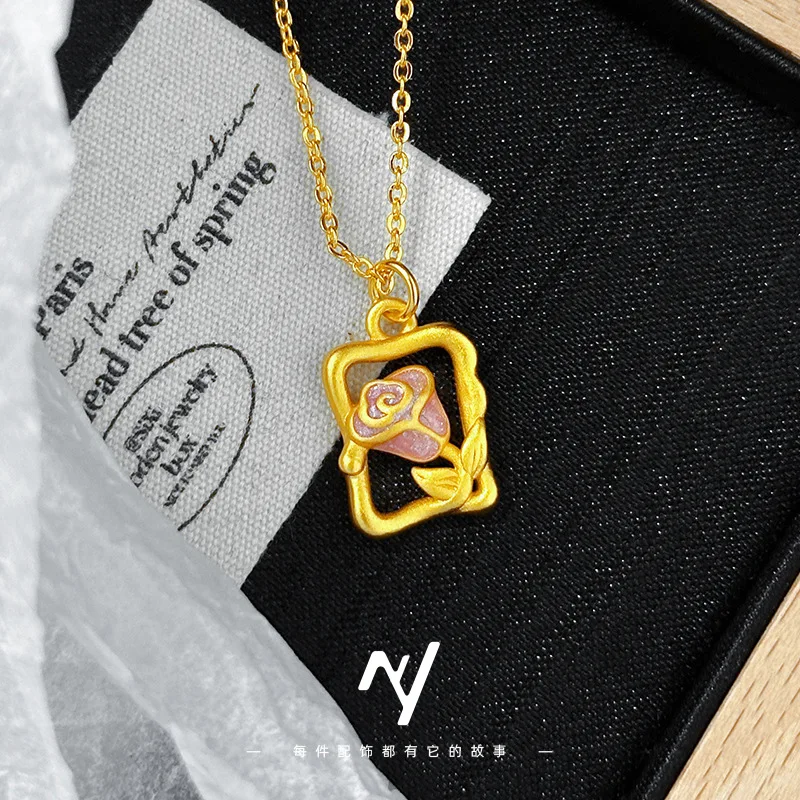 

9999 real glod wind sand gold rose enamel color pendant necklace Flower pendant Exquisite collarbone necklace
