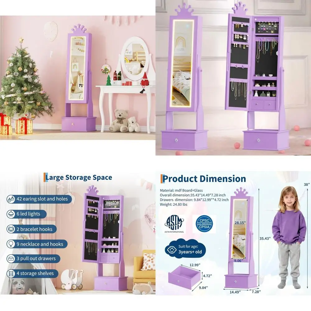 

Фиолетовый детский шкаф для ювелирных изделий с зеркалом в полный рост, светодиодной подсветкой, 3 ящиками для туалетного столика для девочек