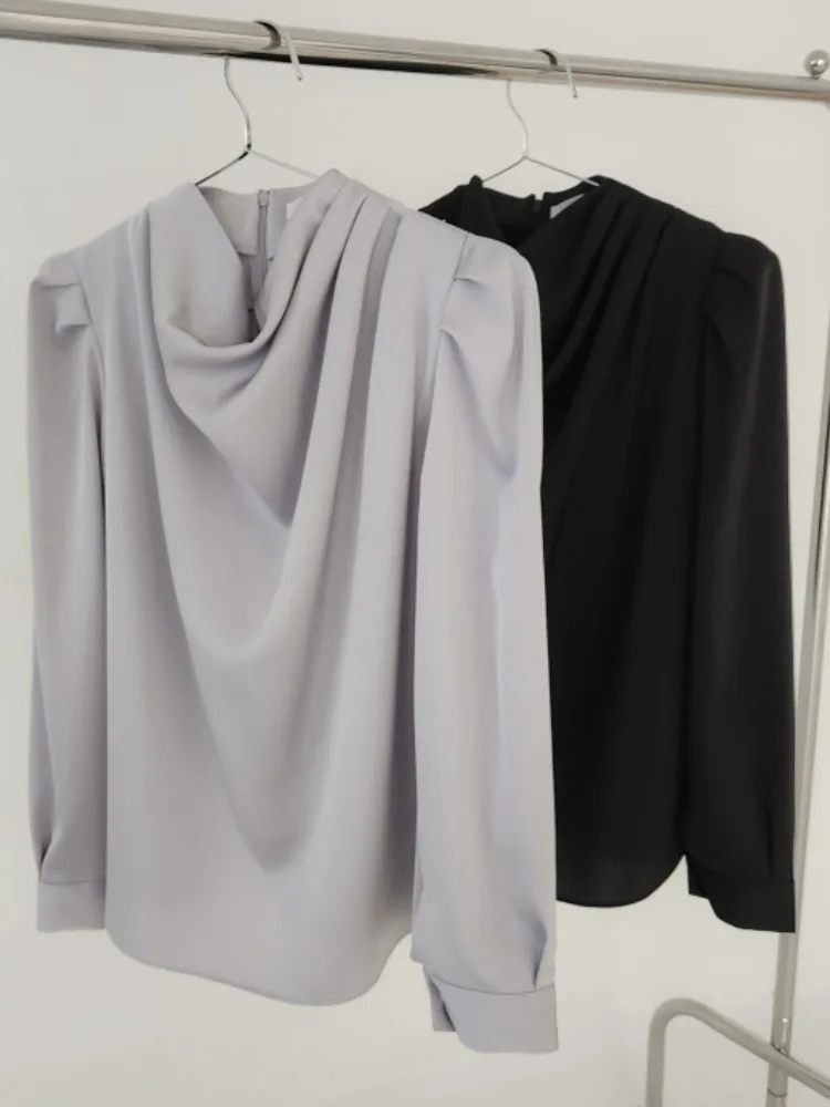 

Ele Spring Bubble Sve irt Women's Loose Fit Satin Fabric Pleated Design Stand Collar Versatile Chic Office Wear