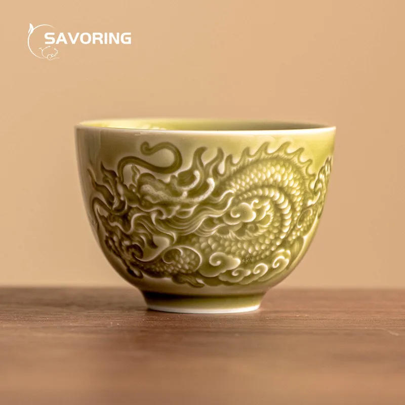

Yaozhou Kiln Tea Cup Hand Carved Dragon Large Cups Celadon Cup Ceramic Teacup Chinese Aesthetic Porcelain Gift Jingdezhen Tool