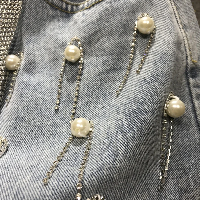 Summer Ladies Womens High Waisted Rhinestone Tassel Ripped Irregular Blue White Denim Shorts , Woman Korean Jeans Shorts