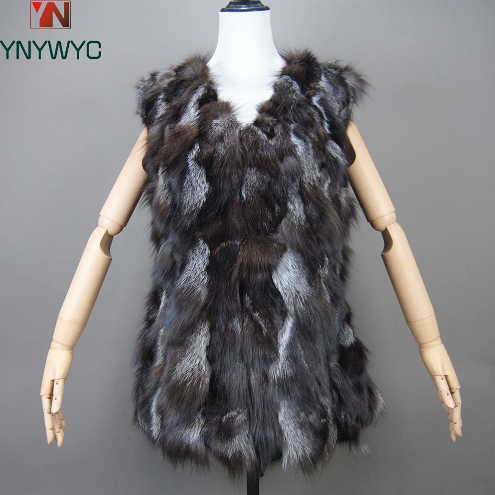 

New Women Autumn Winter Long Style 100% Genuine Real Sliver Fox Fur Vest Natural Fox Fur Sleeveless Coat Lady Real Fox Fur Gilet