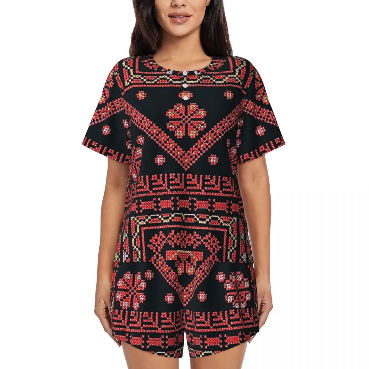 

Three Flowers Palestinian Embroidery Round Neck Short Sleeves Nightdress for Sleepshirts Women Soft Pajama Set Short Pants