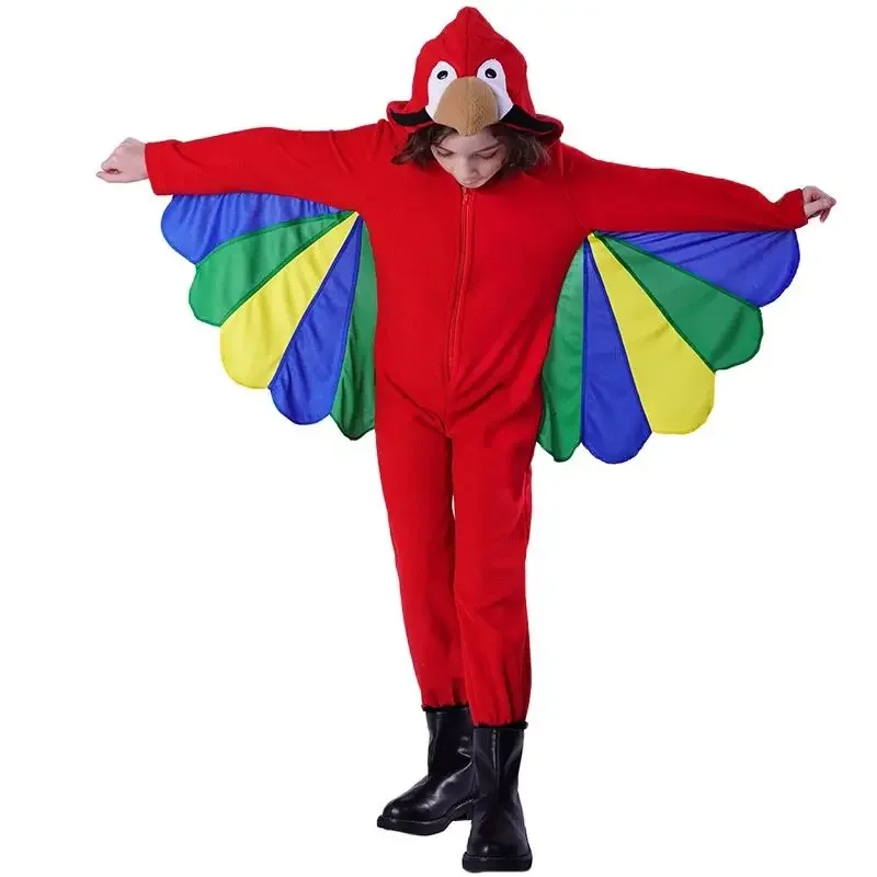 Red Parrot Cosplay para crianças, macacão Halloween Bird, performance de palco, traje de vestir, roupa do festival, menina, menino, vermelho, novo, 2024