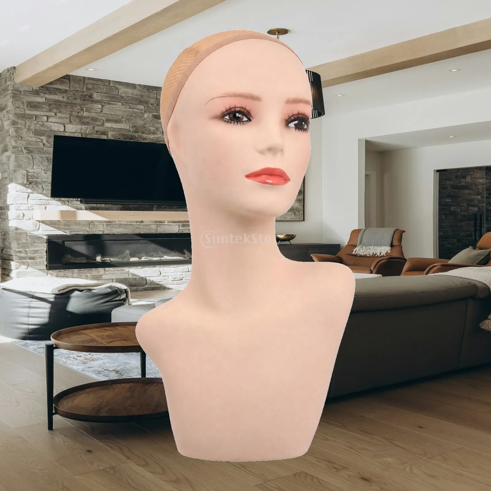 Bust-Style Hairpiece Mannequin with Mesh Cap Makeup-Ready Half-Body Hairpiece Display Mannequin Realistic Defined Facial