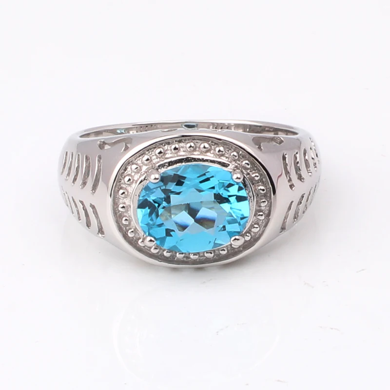 Natural Swiss Blue Topaz Men Ring 925 Silver Band 8x10mm Oval Crystal Moon Carve December Birthstone Birthday Gift R504BTN