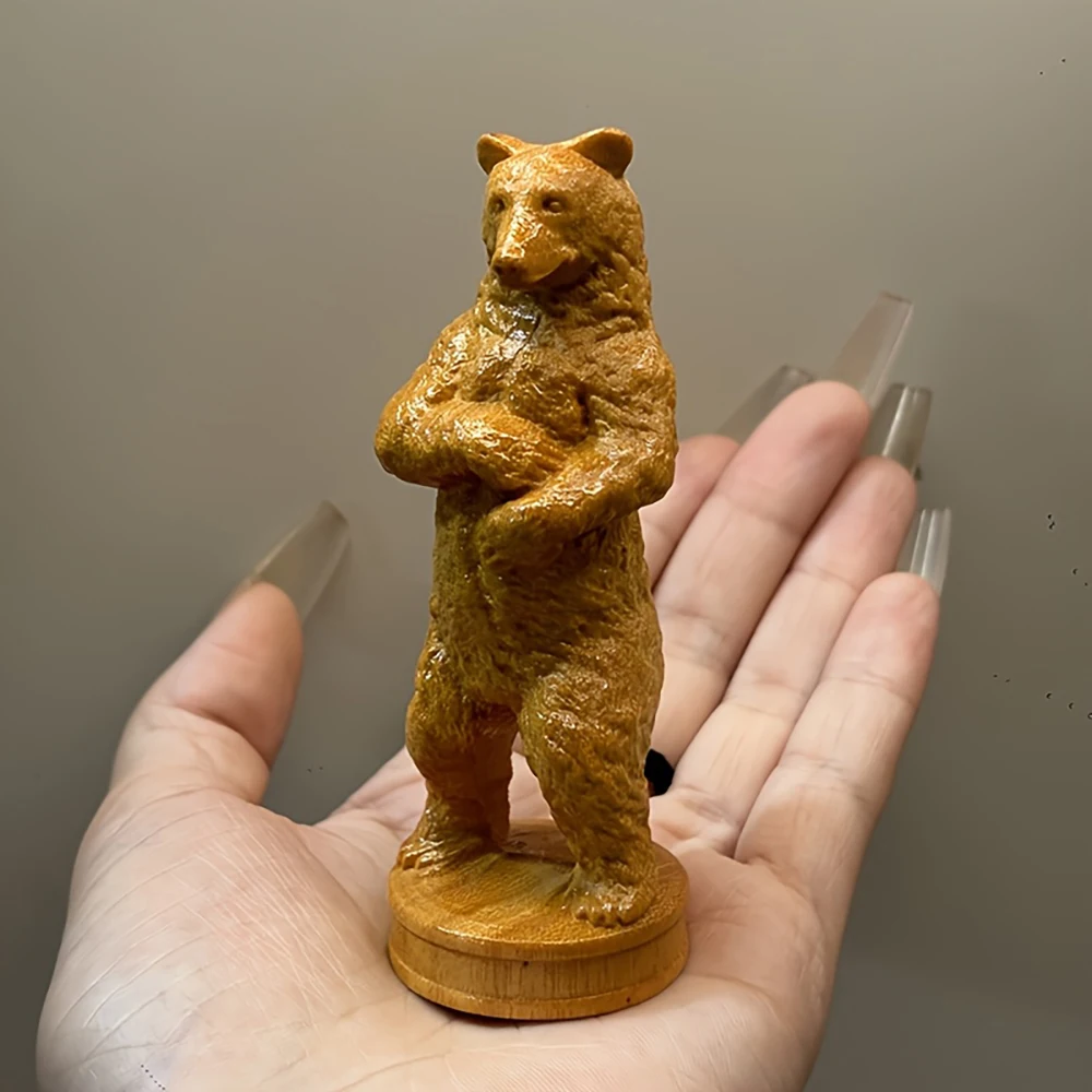 Wooden Standing Bear Statue Ornament Hand-Carved Home Decoration Creative Collectible Gift Bear-Shaped Artwork