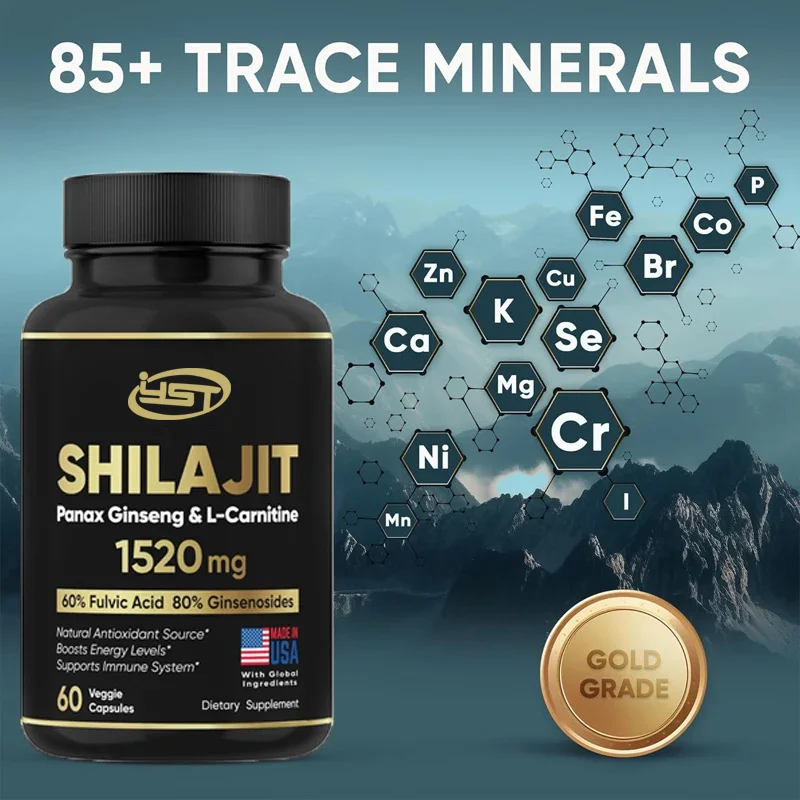 Pure Himalayan Shilajit Supplement 60% Fulvic Acid Made in the United States 85 Trace Minerals, Contains Ginseng and L-Carnitine