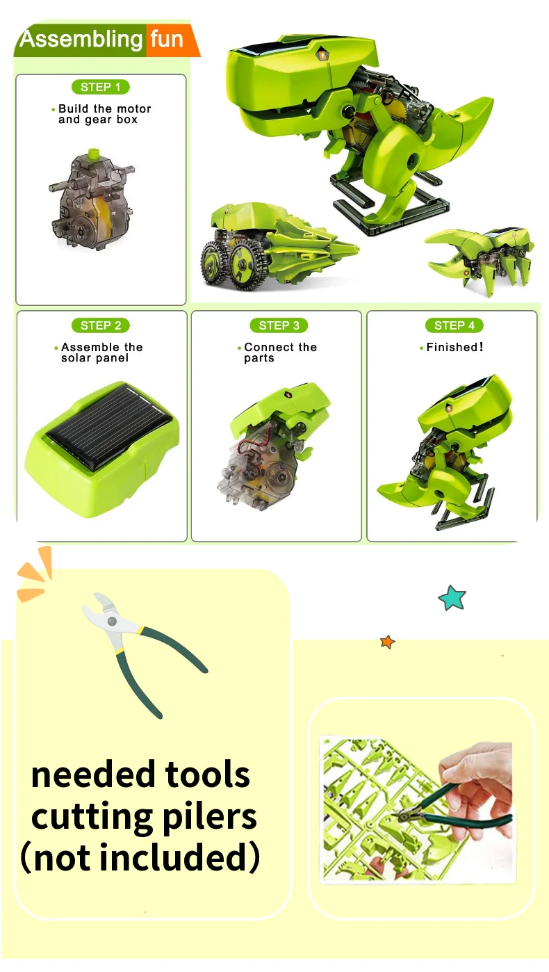 Dinosaurier Solarenergie/betriebenes Stammspielzeug Technologische Gadgets Robotica Kit Bildung DIY Wissenschaft Auto Spielzeug für Kinder Jungen – Detail 4