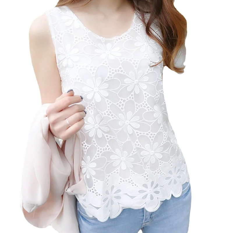 Women Summer Tops Crochet Lace Tees Sexy Vintage Sleeveless Vest Tank 5XL T Shirts Loose Blouse Casual Tees