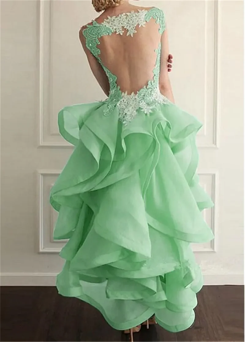 2024 Elegant Sheer Jewel Neckline Hi-lo A-line Prom Dresses With Lace Appliques Ruffled Organza Evening Gowns