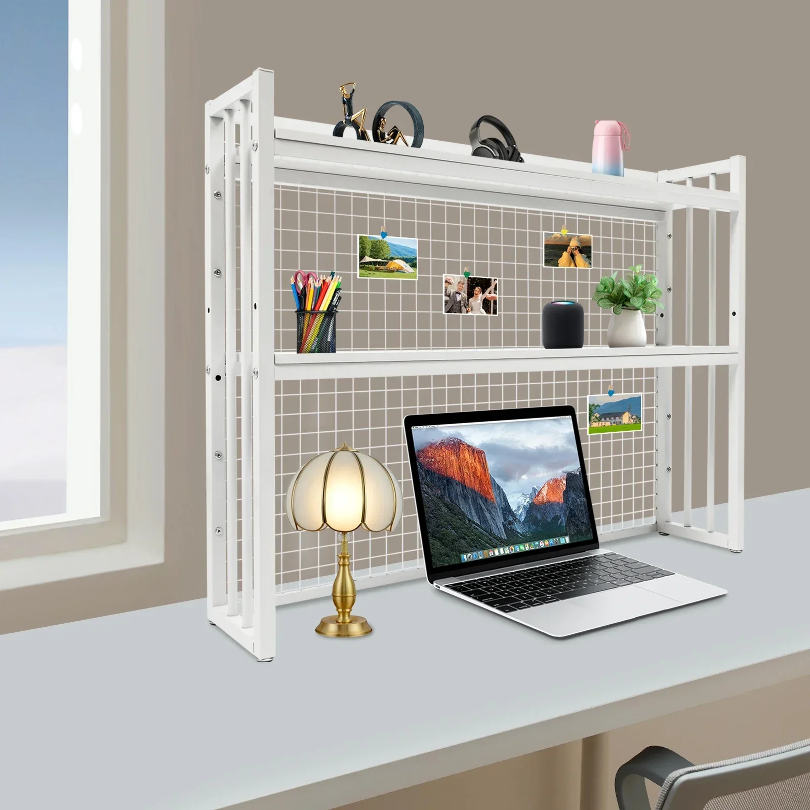 رف كتب خشبي مع شبكة معدنية، خزانة كتب لسطح المكتب مع رف منظم لسطح الطاولة بارتفاع قابل للتعديل - أبيض #4