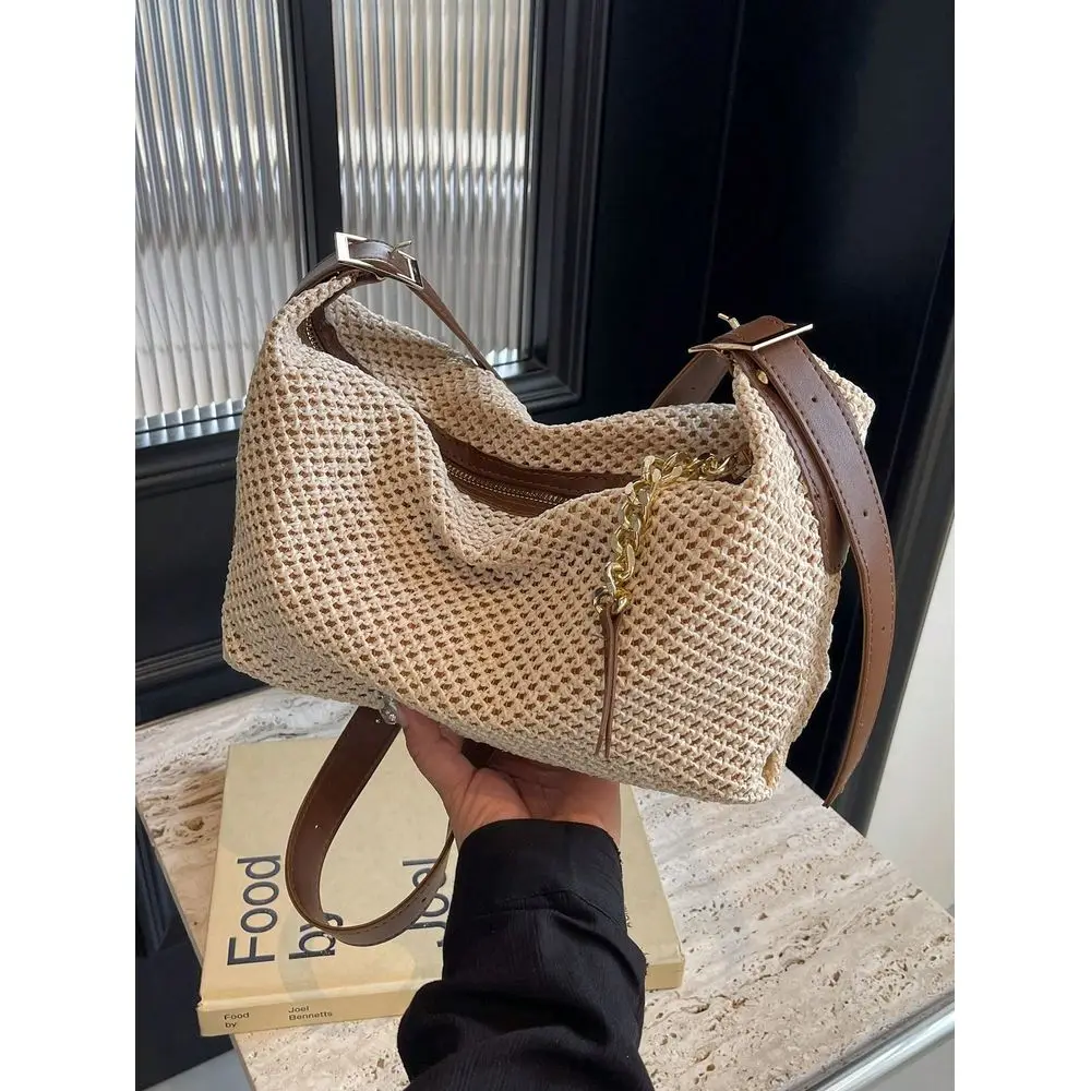 

Summer Straw Woven Bag Simple Vintage Chain Zipper Shoulder Bag, Beige, Holiday Essentials, Perfect For Travel,
