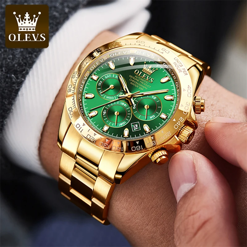 

OLEVS Fashion Gold Green Mechanical Watch Men Stainless Steel Waterproof Luminous Multifunction Mens Watches Top Brand Luxury