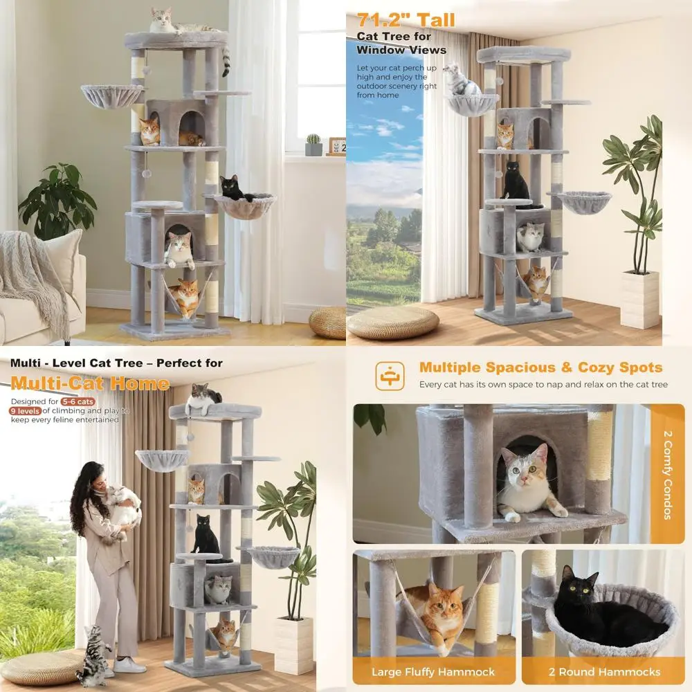 

Indoor Cat Tree with 9 Levels, 5 Sisal Scratch Posts, 2 Condos, 3 Hammocks, Perch, Pom Poms for Multi-Cat Play and Scratching