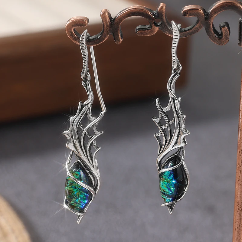 Vintage Inlaid Multicolored Stone Dangle Women's Earrings Silvery Color Hand Carving Pattern Anniversary Gift Jewelry
