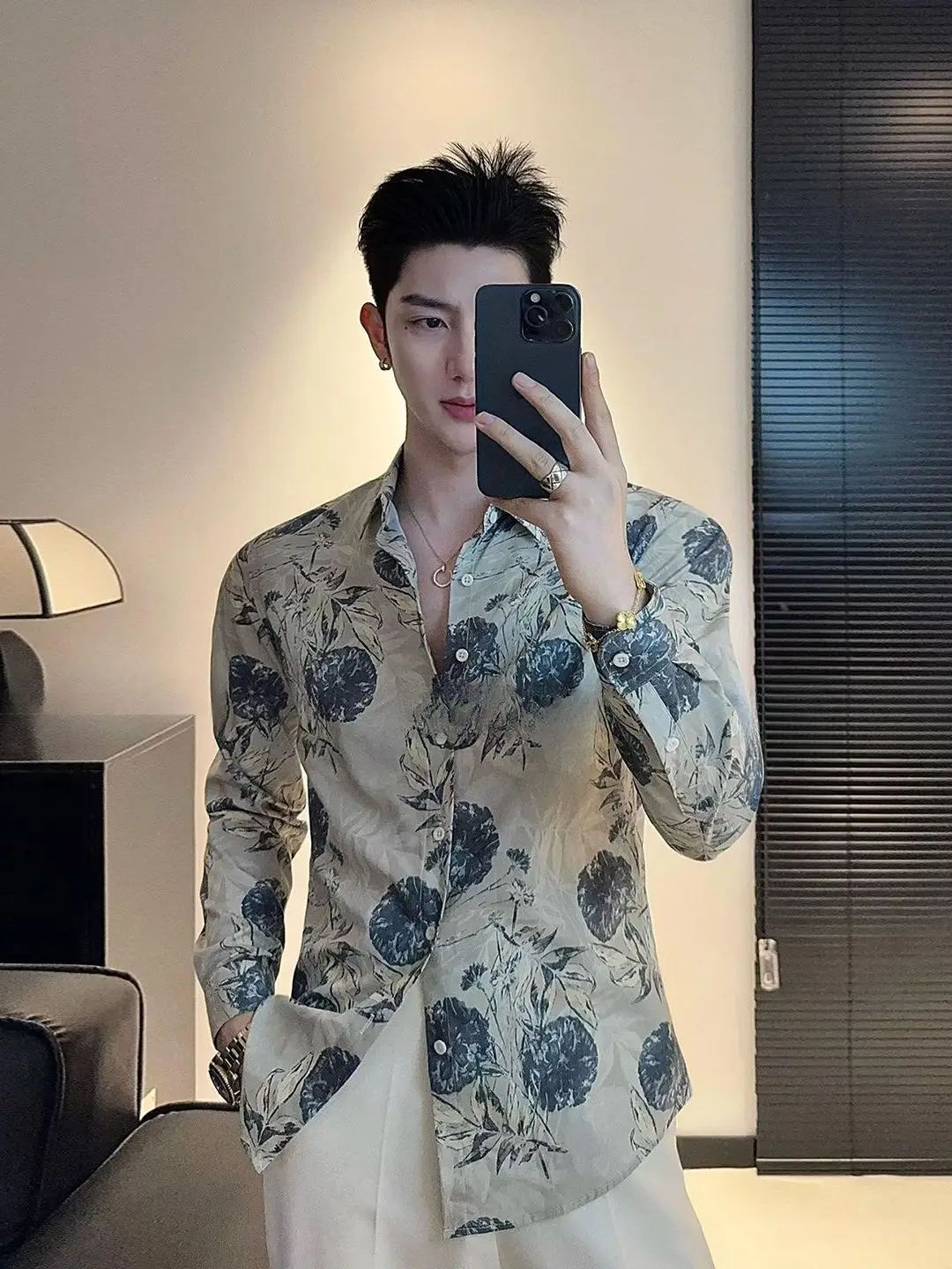 

Fashionable Ice Silk Long Sleeve Men's Shirt 2025 New Standard Fit Printed Casual Style Breathable Cool Feeling Summer Top