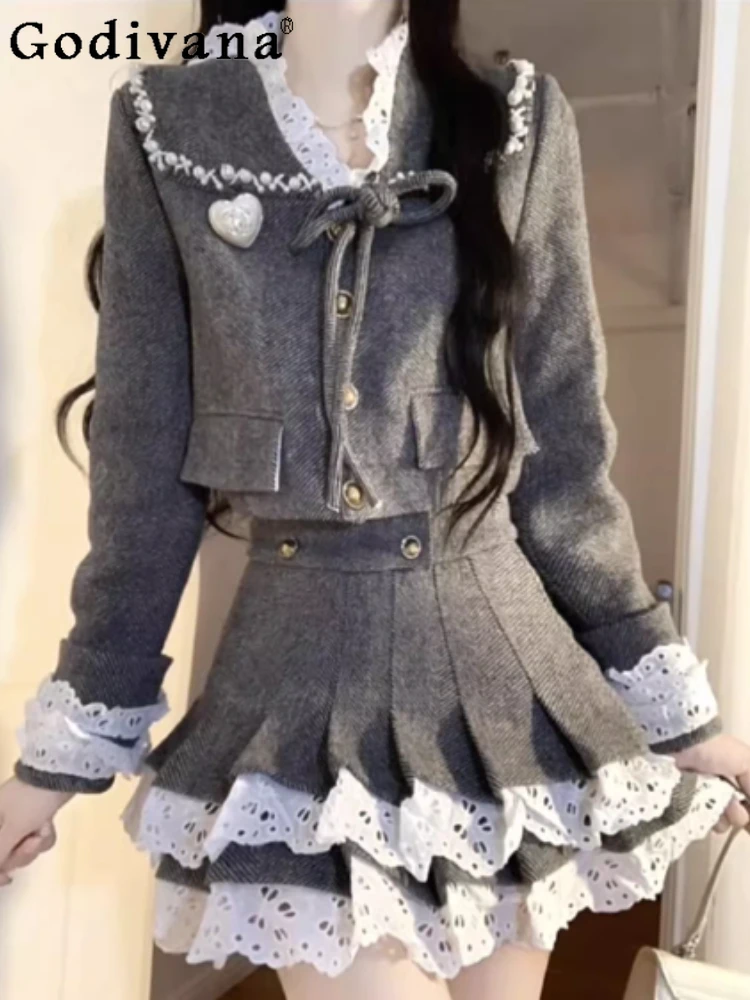 

Весенне-осенний корейский милый студенческий кружевной топ с v-образным вырезом и длинными рукавами для девочек, модные комплекты трапециевидной формы с высокой талией и плиссированной юбкой для снижения возраста