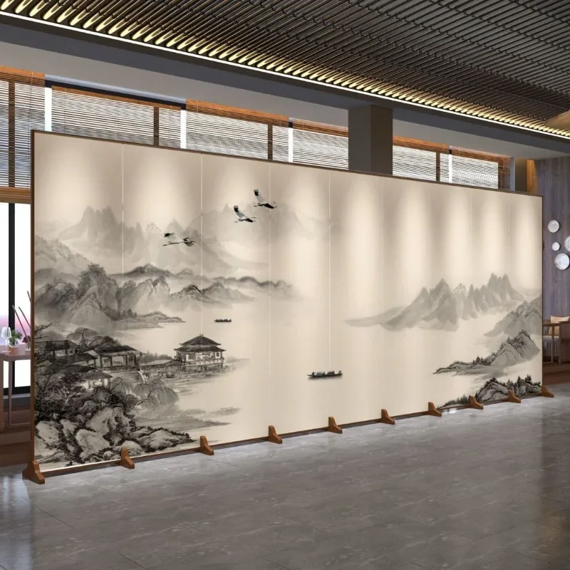 Screen partition living room entrance new Chinese style solid wood hall hotel landscape background decoration folding mobile fol